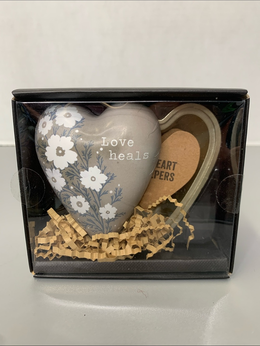 Demdaco Gray Floral "LOVE HEALS" Heart Keepsake trinket box